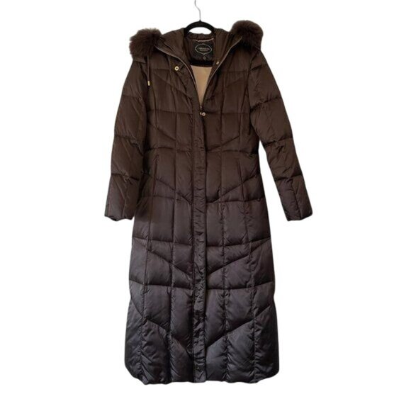 1 Madison Limited Collection Long Puffer Coat Fox Fur Trimmed Hood Brown Size S - Picture 1 of 8